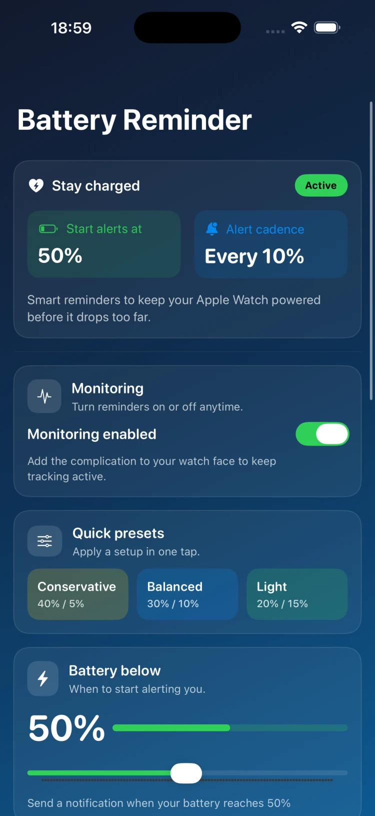 إعدادات Watch Battery Monitor مع عناصر التحكم في المراقبة وحدّ مستوى البطارية والفاصل الزمني بين التذكيرات