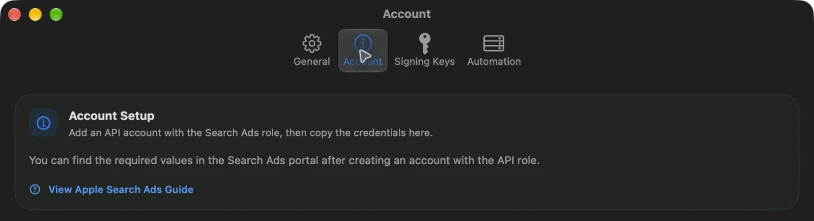إعدادات SearchAds Manager مع تحديد «الحساب» وظهور رابط دليل إعداد Apple Search Ads