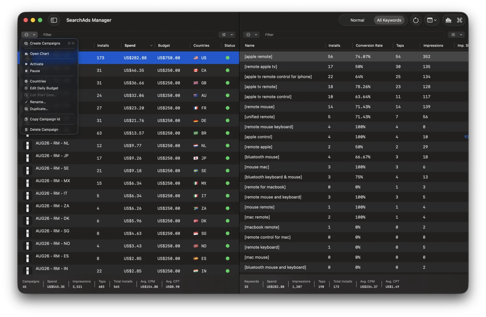 SearchAds Manager على Mac يعرض تقارير الحملات ومقاييس الأداء