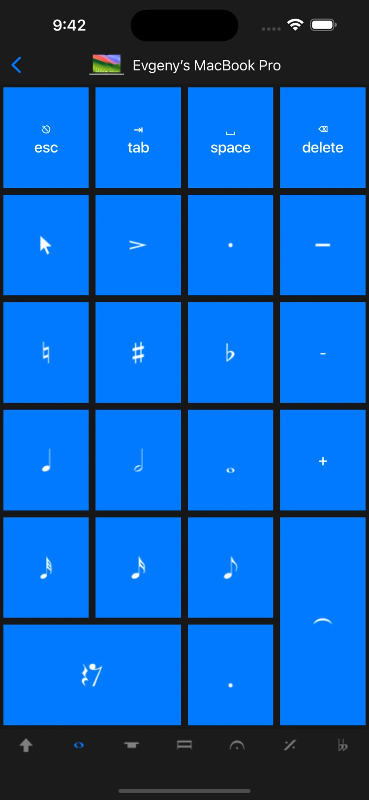 Sibelius KeyPad avec des boutons de notation et les onglets du pavé de touches