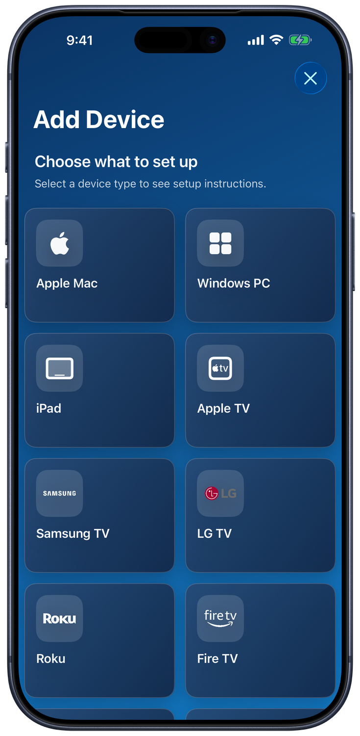 Add Device grid with computer, iPad, TV, and streaming device choices