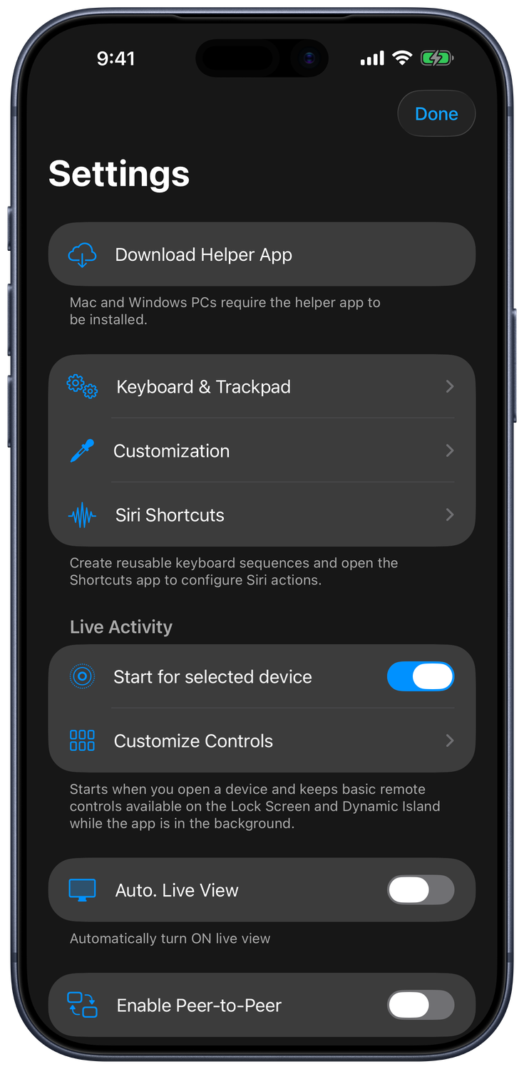 Inställningsskärm med alternativen Tangentbord och styrplatta, Anpassning, Siri-genvägar och Liveaktivitet