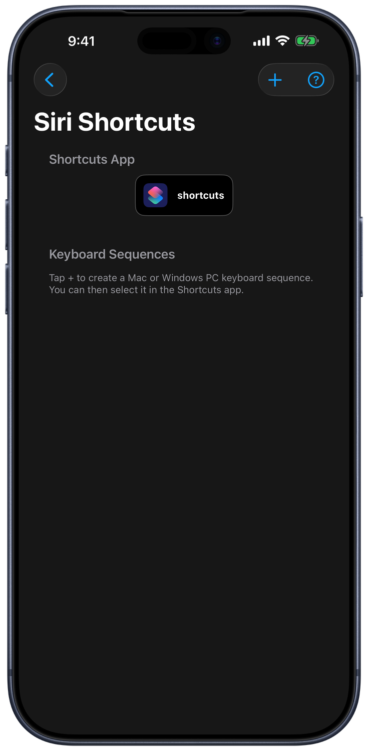 Siri Shortcuts settings with the Shortcuts App button and Keyboard Sequences section
