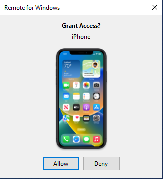 Remote for Windows asking whether to grant an iPhone access, with Allow and Deny buttons