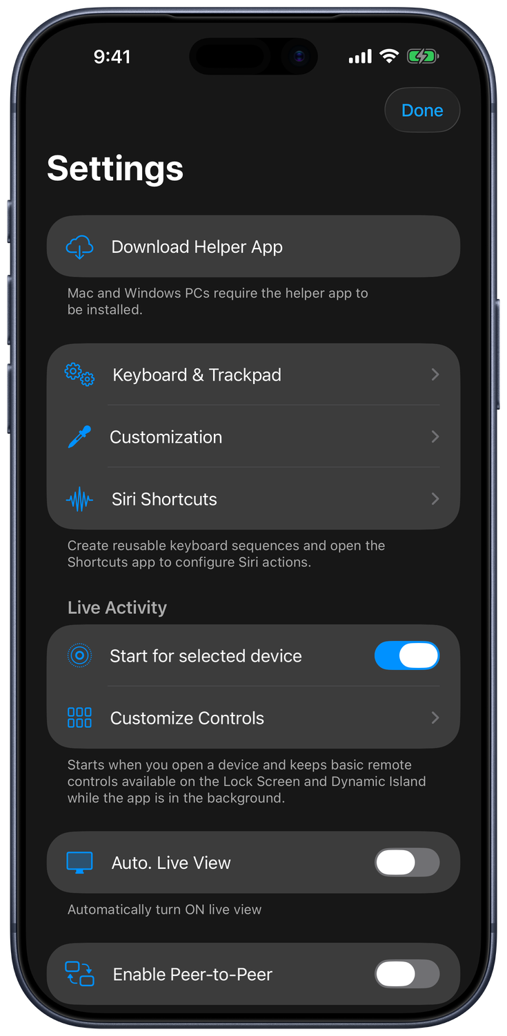 Settings screen with Keyboard and Trackpad, Customization, Siri Shortcuts, and Live Activity options