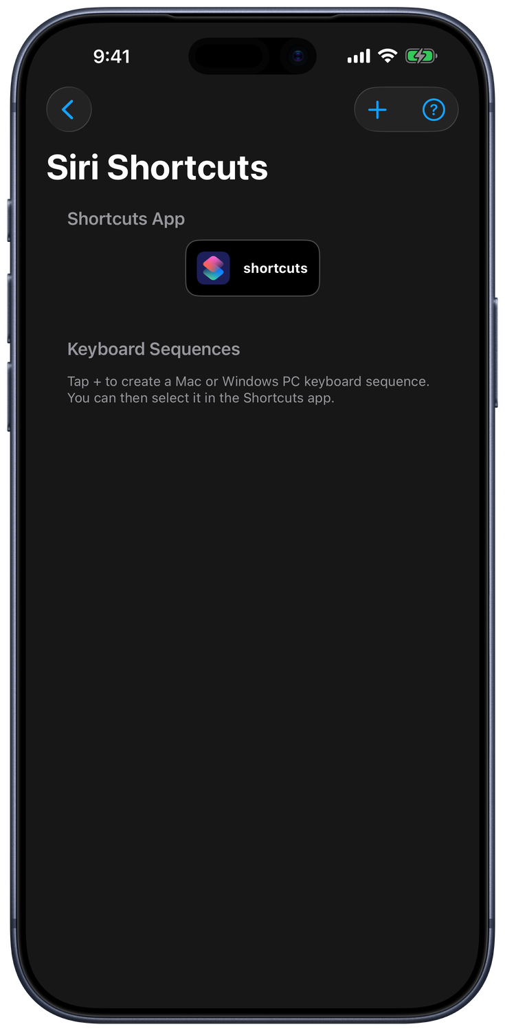 Siri Shortcuts settings with the Shortcuts App button and Keyboard Sequences section