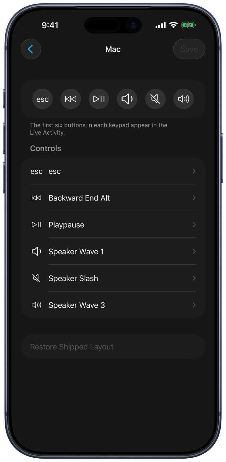 Live Activity controls editor with six configurable media and volume buttons