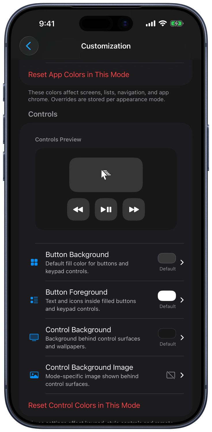 Controls appearance settings with color overrides for the selected appearance mode