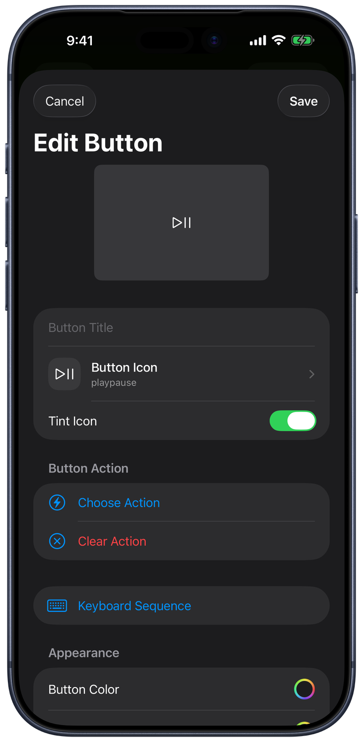 Edit Button sheet with icon and title preview, Choose Action, Keyboard Sequence, and Appearance