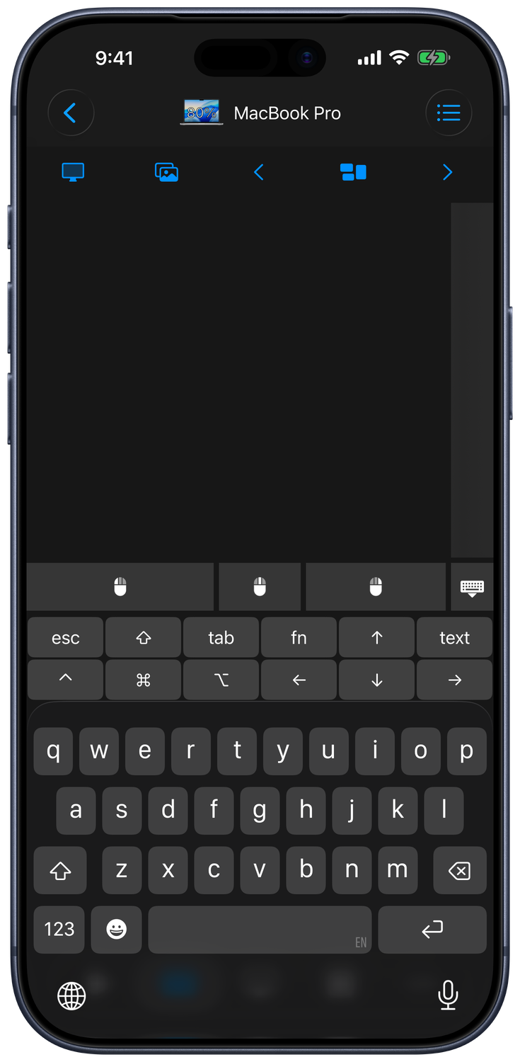 Remote keyboard with extra Mac modifier and navigation keys above the iPhone keyboard