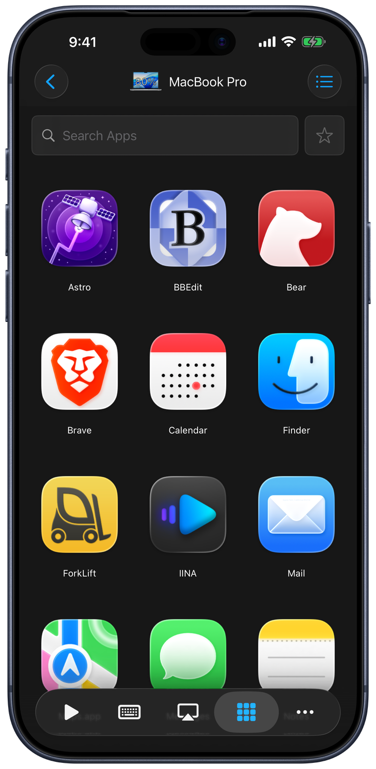 Searchable grid of applications on a connected Mac