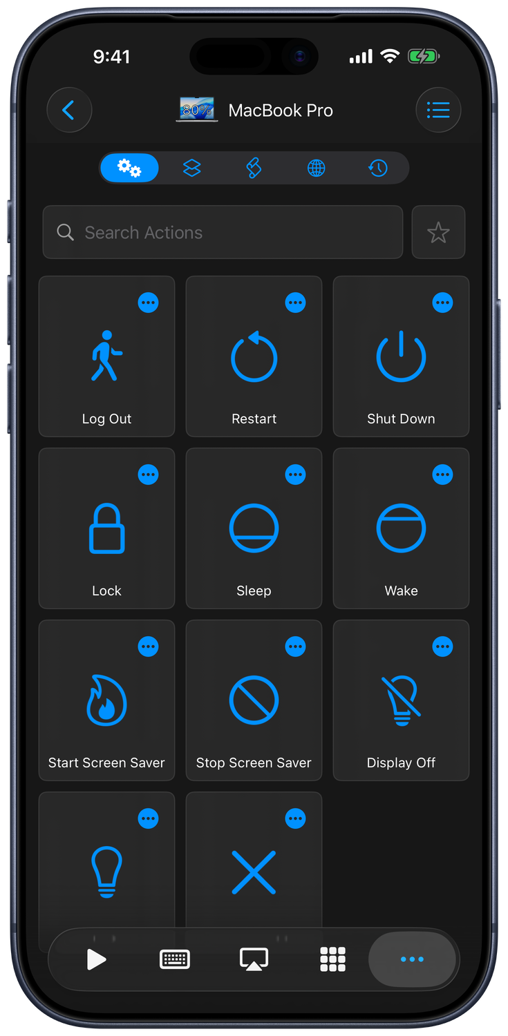 System action grid on a Mac connection with Log Out, Restart, Shut Down, Lock, Sleep, and Wake