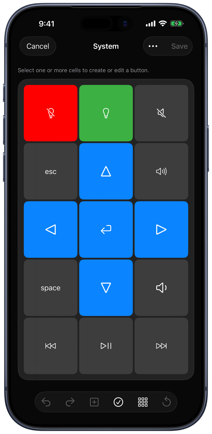 Current keypad editor showing the System grid, selection controls, and editing toolbar