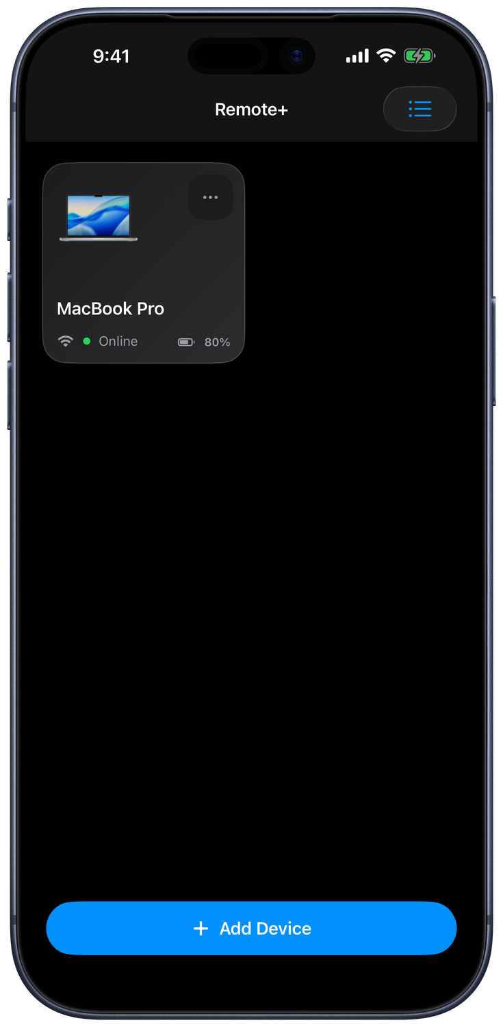 Saved devices screen with a MacBook Pro card and Add Device button