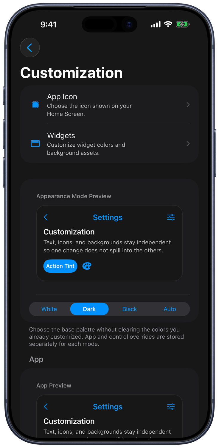 Customization settings with app icon, widgets, and White, Dark, Black, and Auto appearance modes