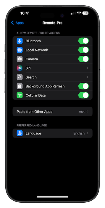 iPhone Settings with Local Network enabled for Remote Pro