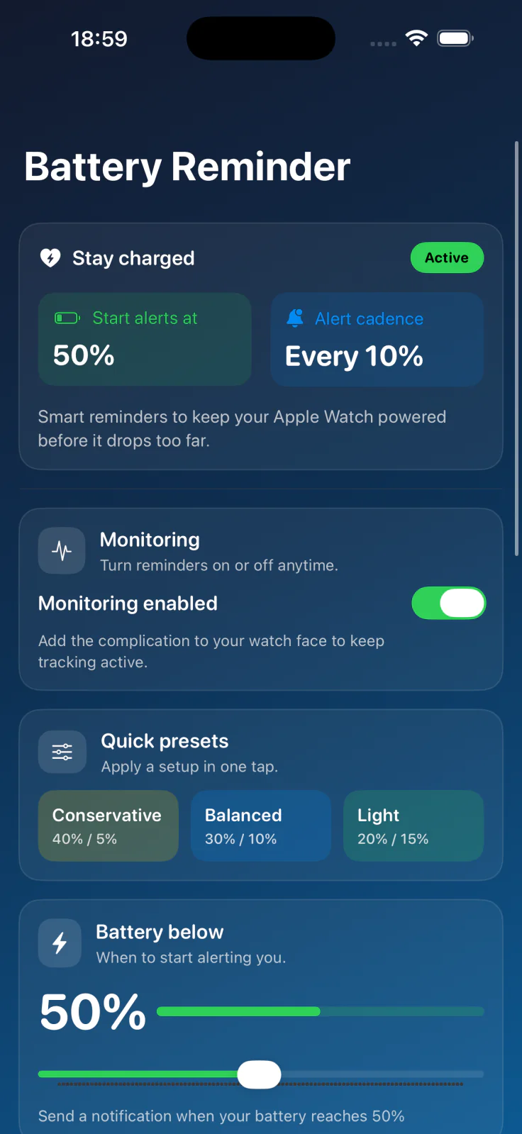 Watch Battery Monitor showing battery alert settings on an iPhone